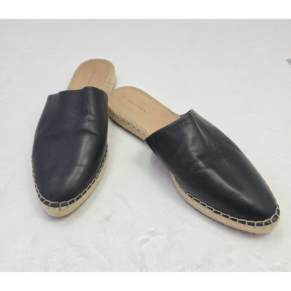 Halogen Black Leather Mule Espadrille Flats Womens Slip On Casual Shoe